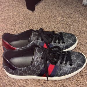 Gucci Black Monogram Sneakers with Red and Blue Accents